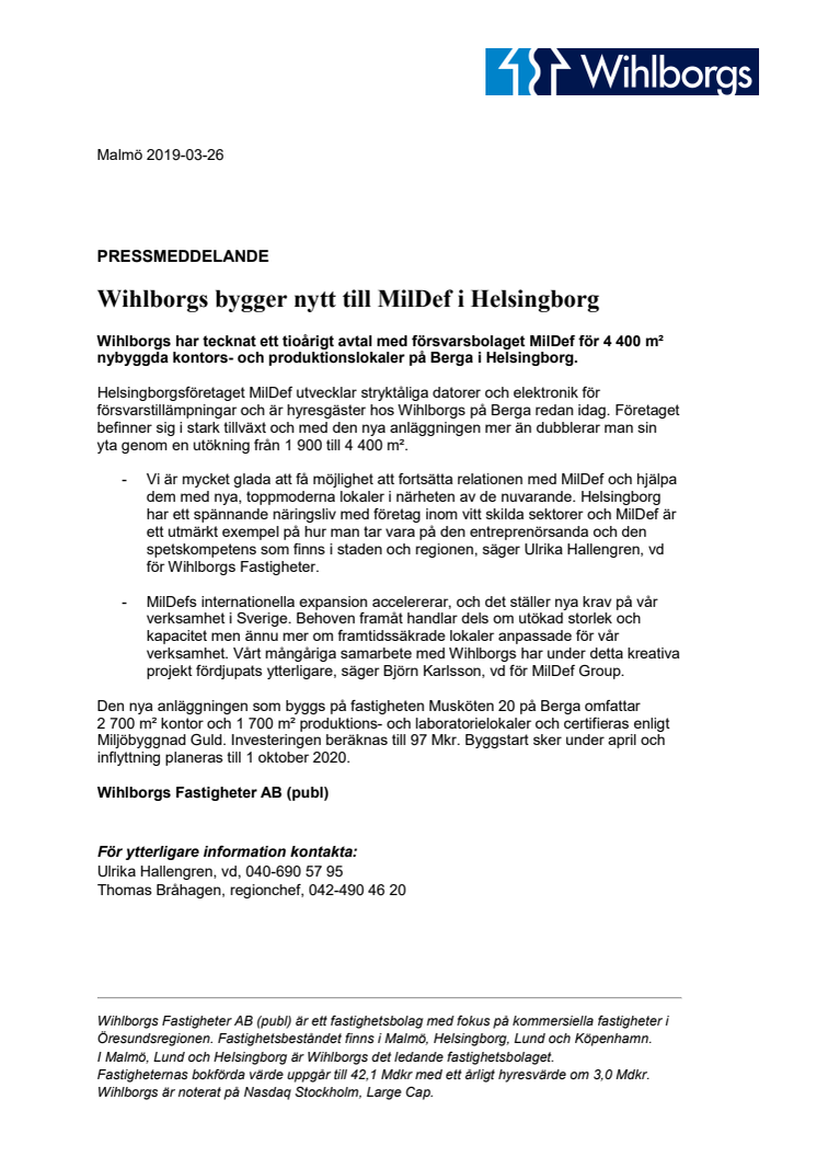 Wihlborgs bygger nytt till MilDef i Helsingborg