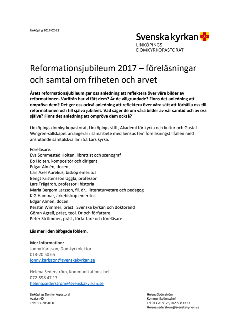 Reformationsjubileum 2017 – föreläsningar och samtal om friheten och arvet