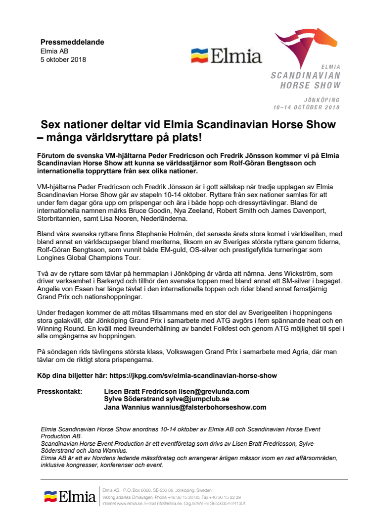 Sex nationer deltar vid Elmia Scandinavian Horse Show – många världsryttare på plats!