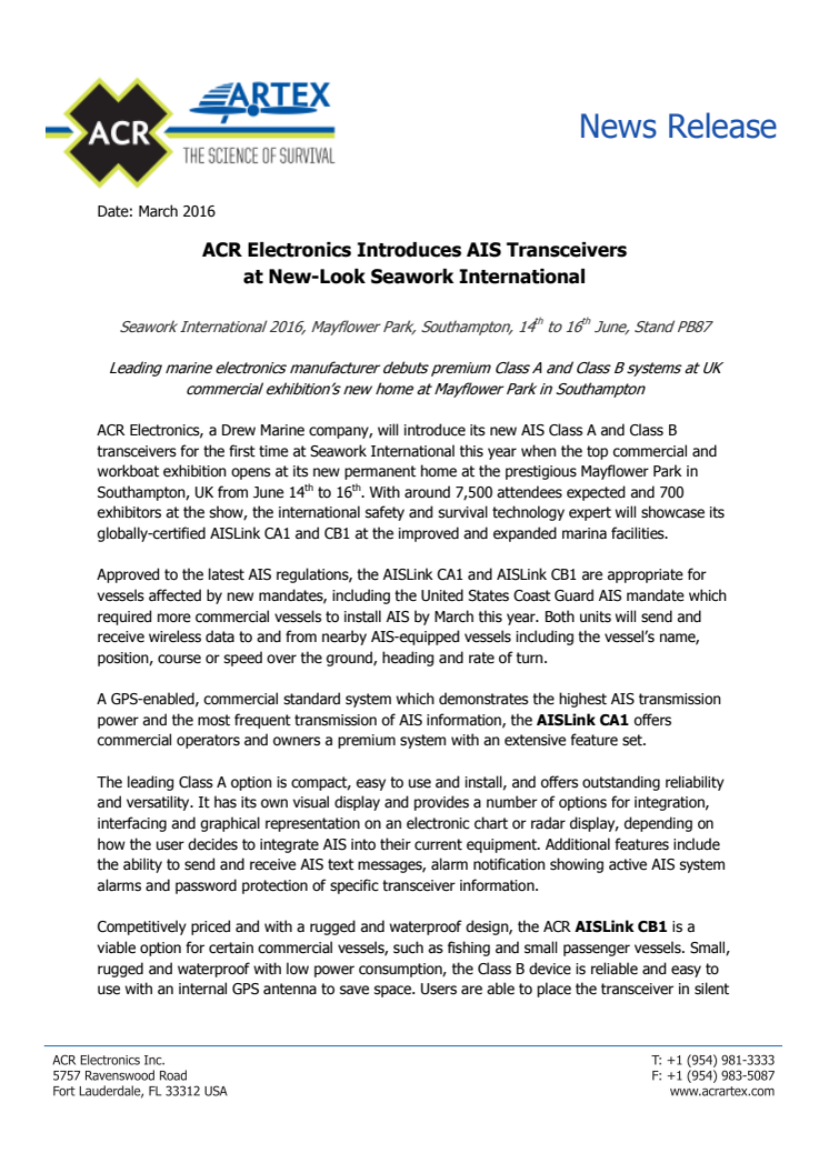 ACR Electronics Inc: Introduces AIS Transceivers at Seawork International