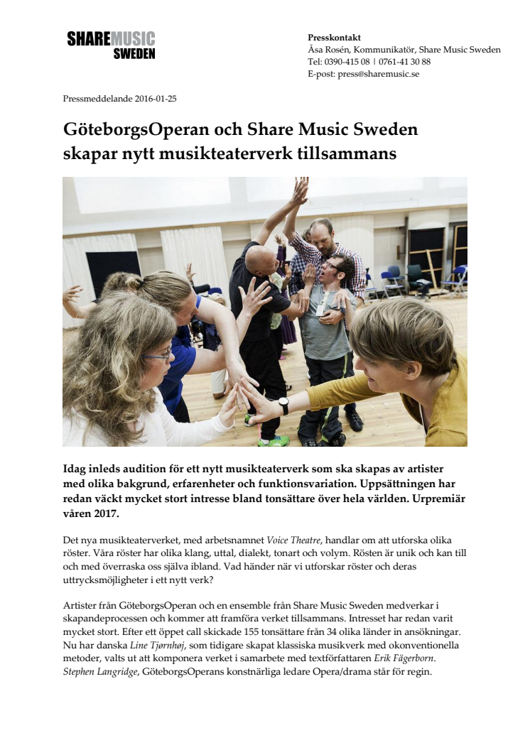 GöteborgsOperan och Share Music Sweden skapar nytt musikteaterverk tillsammans