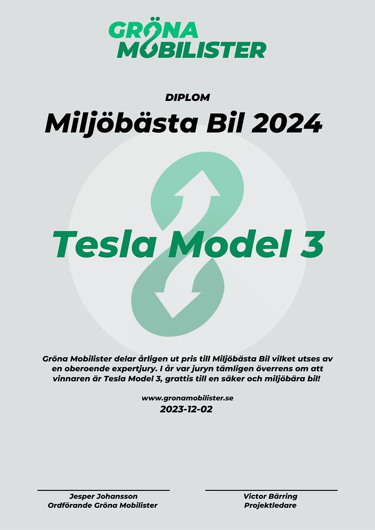 Miljöbästa Bil 2024 diplom