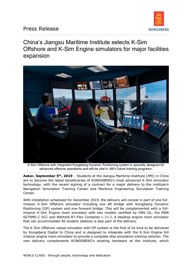 China’s Jiangsu Maritime Institute selects K-Sim Offshore and K-Sim Engine simulators for major facilities expansion
