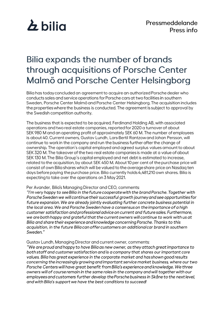 Bilia expands the number of brands through acquisitions of Porsche Center Malmö and Porsche Center Helsingborg