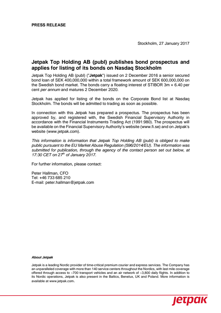Jetpak Top Holding AB (publ) publishes bond prospectus and applies for listing of its bonds on Nasdaq Stockholm
