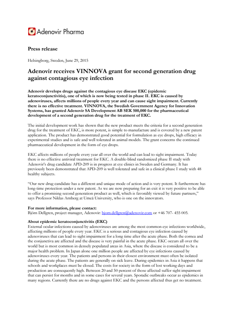 Adenovir receives VINNOVA grant for second generation drug against contagious eye infection