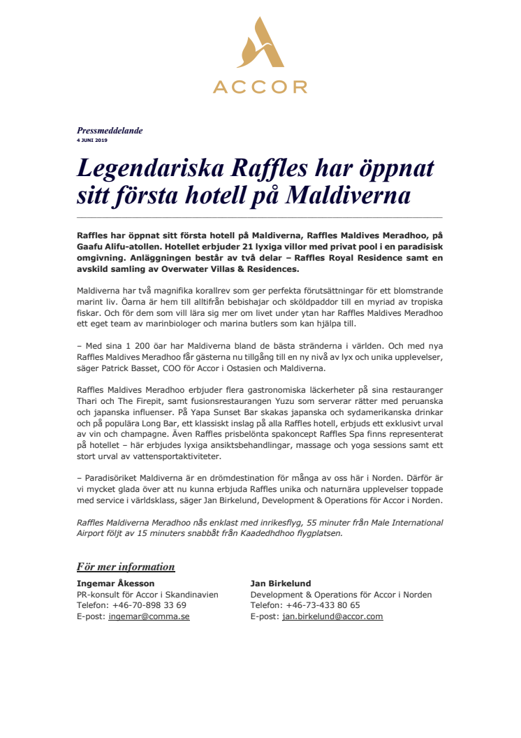  Legendariska Raffles har öppnat sitt första hotell på Maldiverna