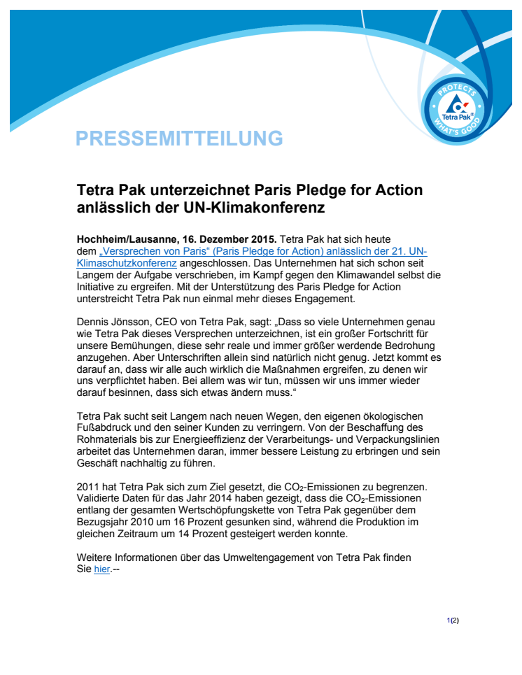 Tetra Pak unterzeichnet Paris Pledge for Action anlässlich der UN-Klimakonferenz
