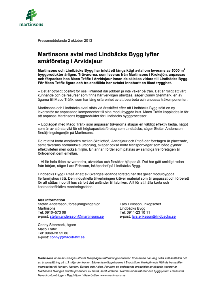Martinsons avtal med Lindbäcks Bygg lyfter småföretag i Arvidsjaur