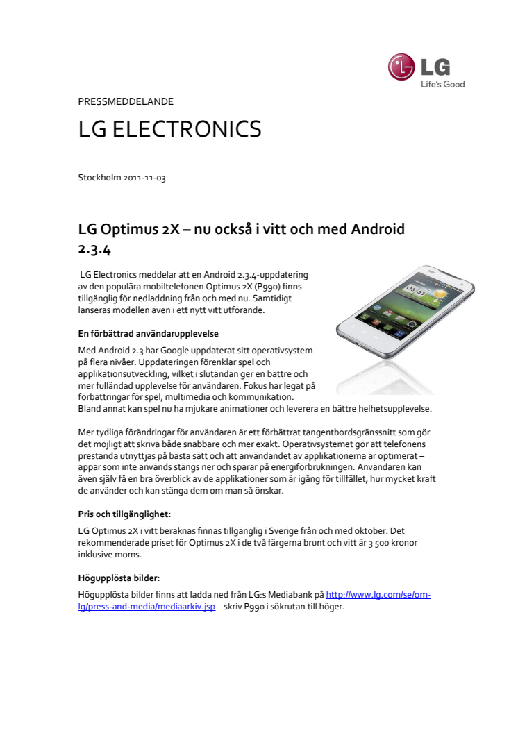 LG Optimus 2X – nu också i vitt och med Android 2.3.4