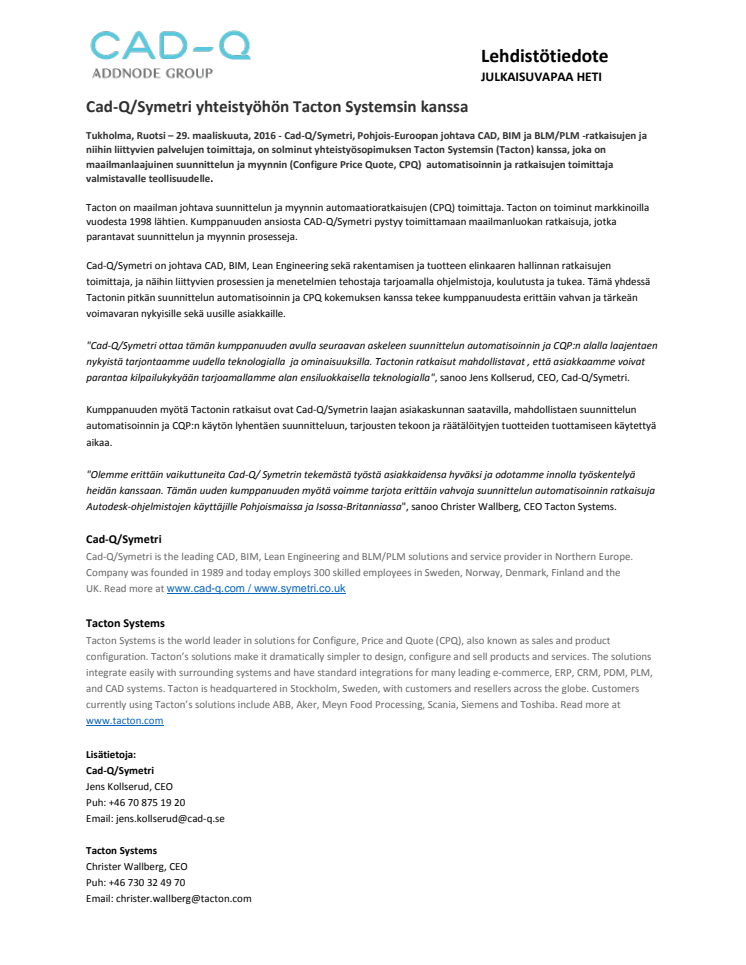 Cad-Q/Symetri yhteistyöhön Tacton Systemsin kanssa 