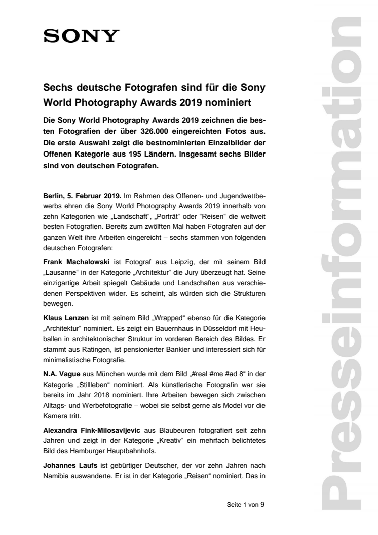 Sechs deutsche Fotografen sind für die Sony World Photography Awards 2019 nominiert