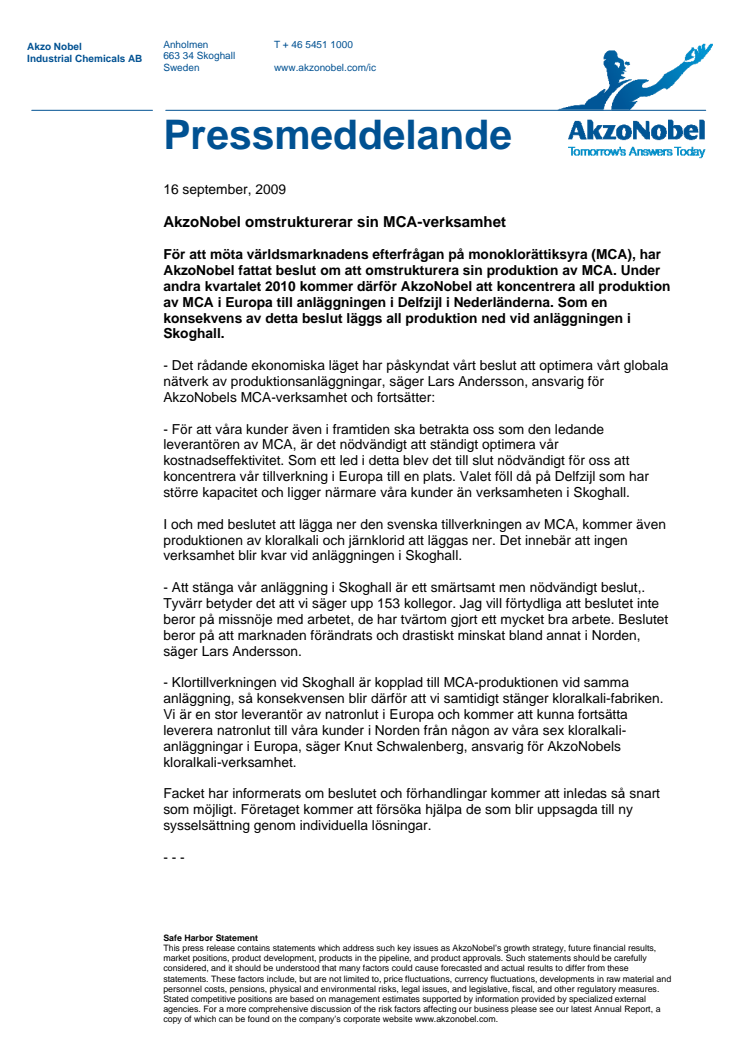 AkzoNobel omstrukturerar sin MCA-verksamhet