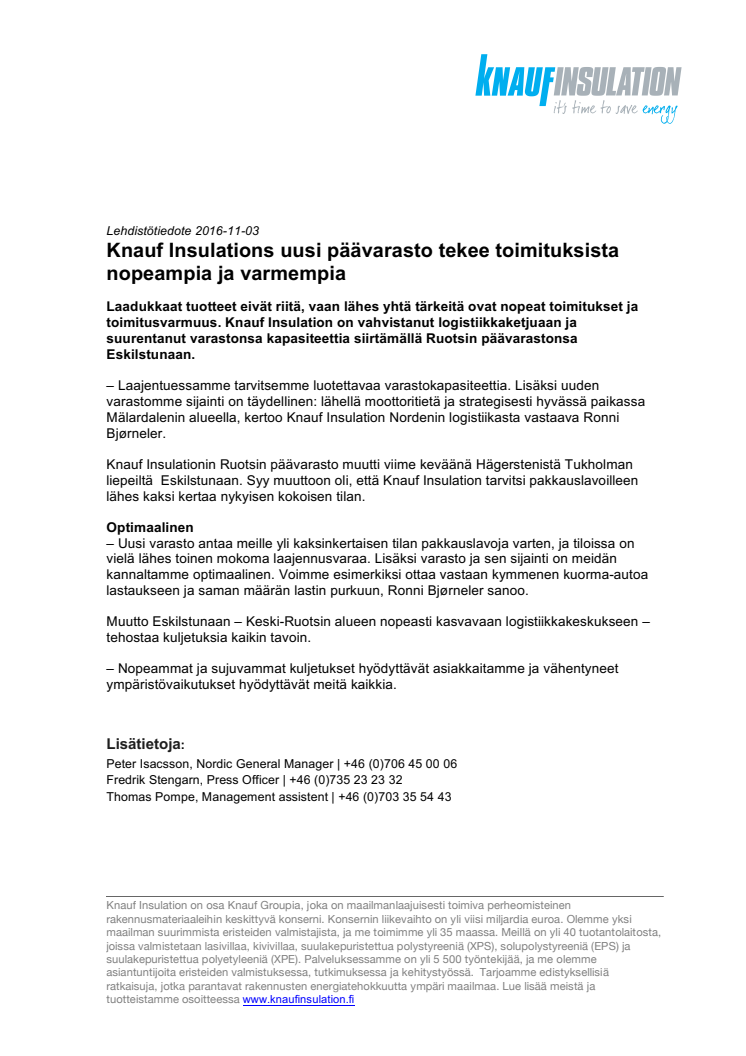 Knauf Insulations uusi päävarasto tekee toimituksista nopeampia ja varmempia