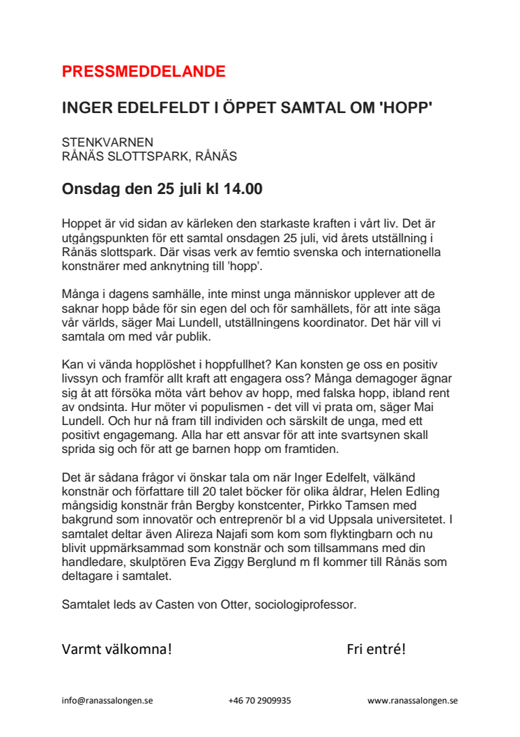 Inger Edelfeldt - i öppet samtal om "Hopp" - Rånäs Slott 25 juli