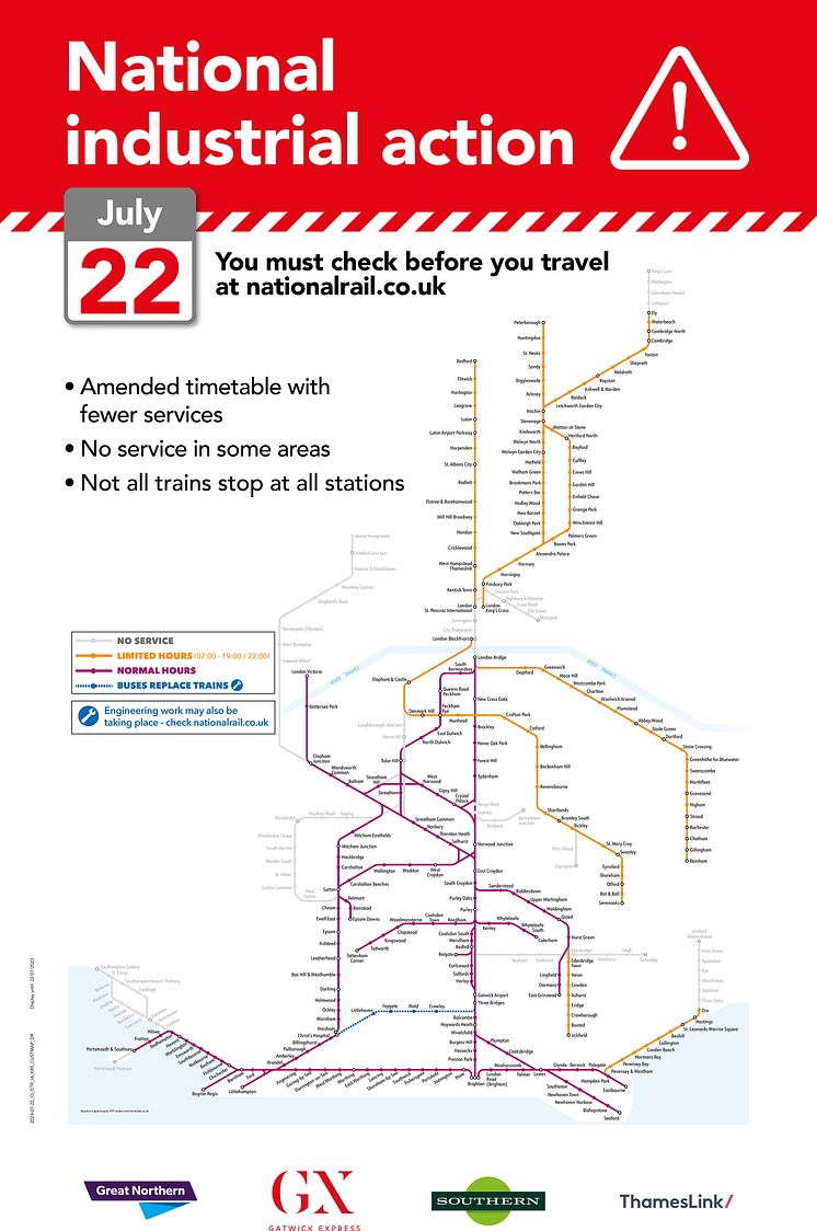 22 July RMT strike action rail service map