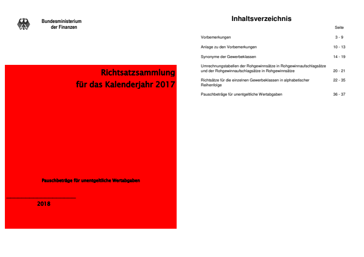 Richtsätze (2017) und Pauschbeträge von Unternehmern für Sachentnahmen (2017/2018)