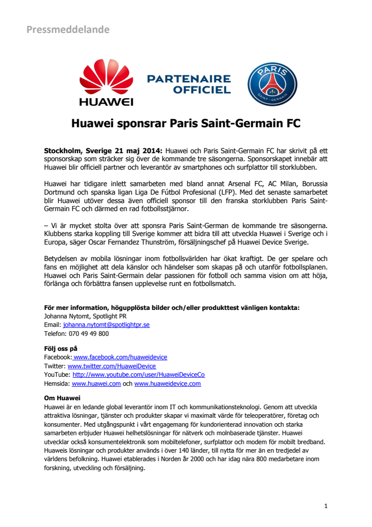 Huawei sponsrar Paris Saint-Germain FC
