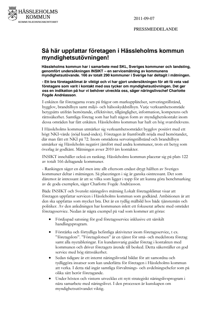 Företagsservicen får godkänt i Hässleholms kommun
