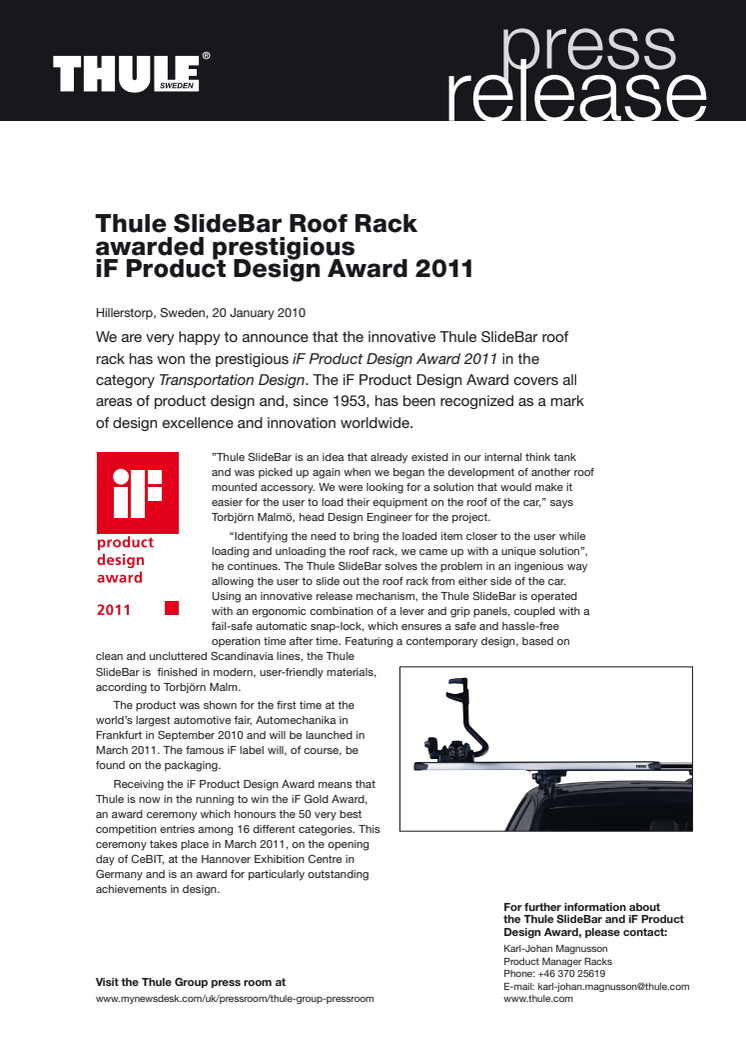Thule SlideBar Roof Rack awarded prestigious iF Product Design Award 2011