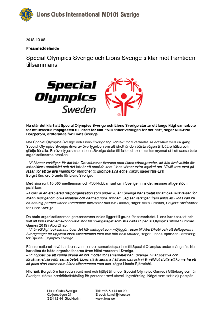Special Olympics Sverige och Lions Sverige siktar mot framtiden tillsammans 