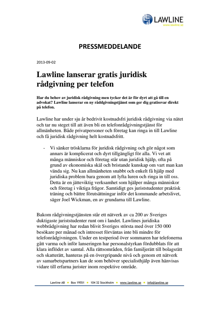 Lawline lanserar gratis juridisk rådgivning per telefon