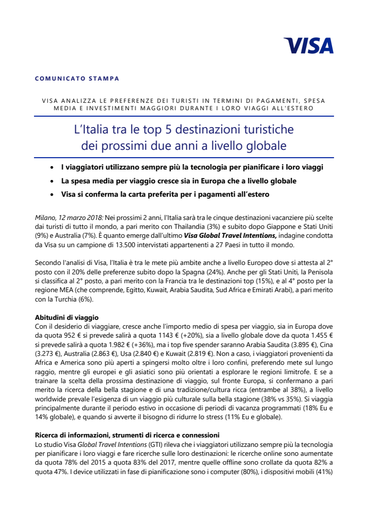 L’Italia tra le top 5 destinazioni turistiche  dei prossimi due anni a livello globale