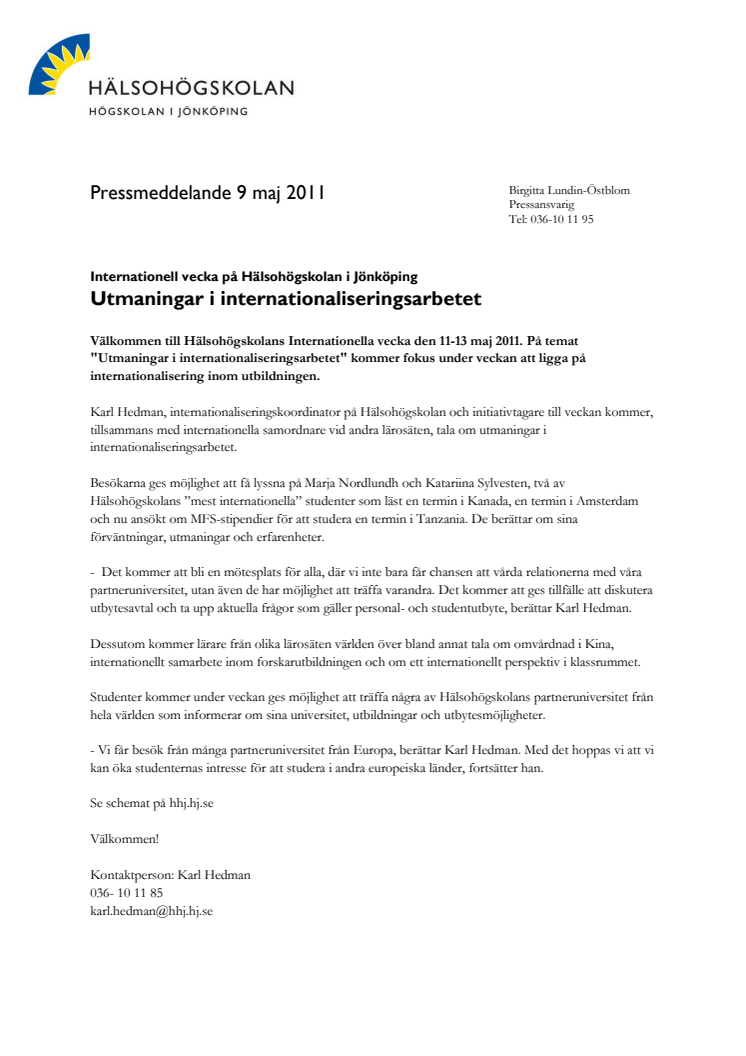 Utmaningar i internationaliseringsarbetet - Internationell vecka på Hälsohögskolan i Jönköping