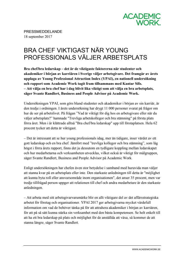 Bra chef viktigast när young professionals väljer arbetsplats