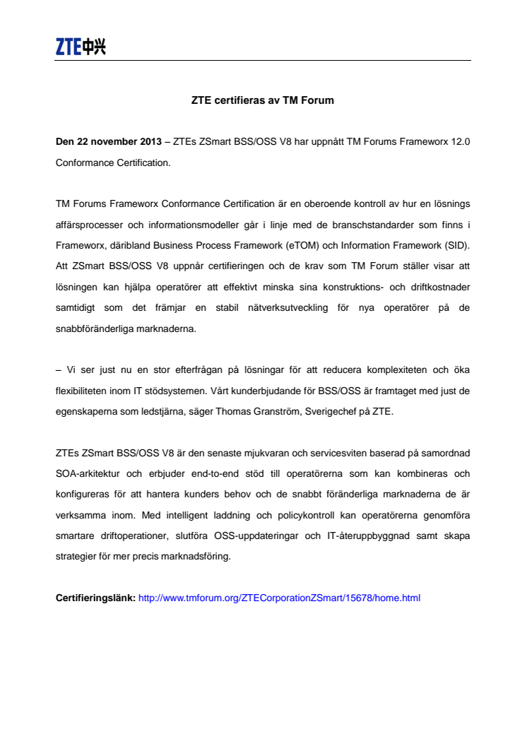 ZTE certifieras av TM Forum 