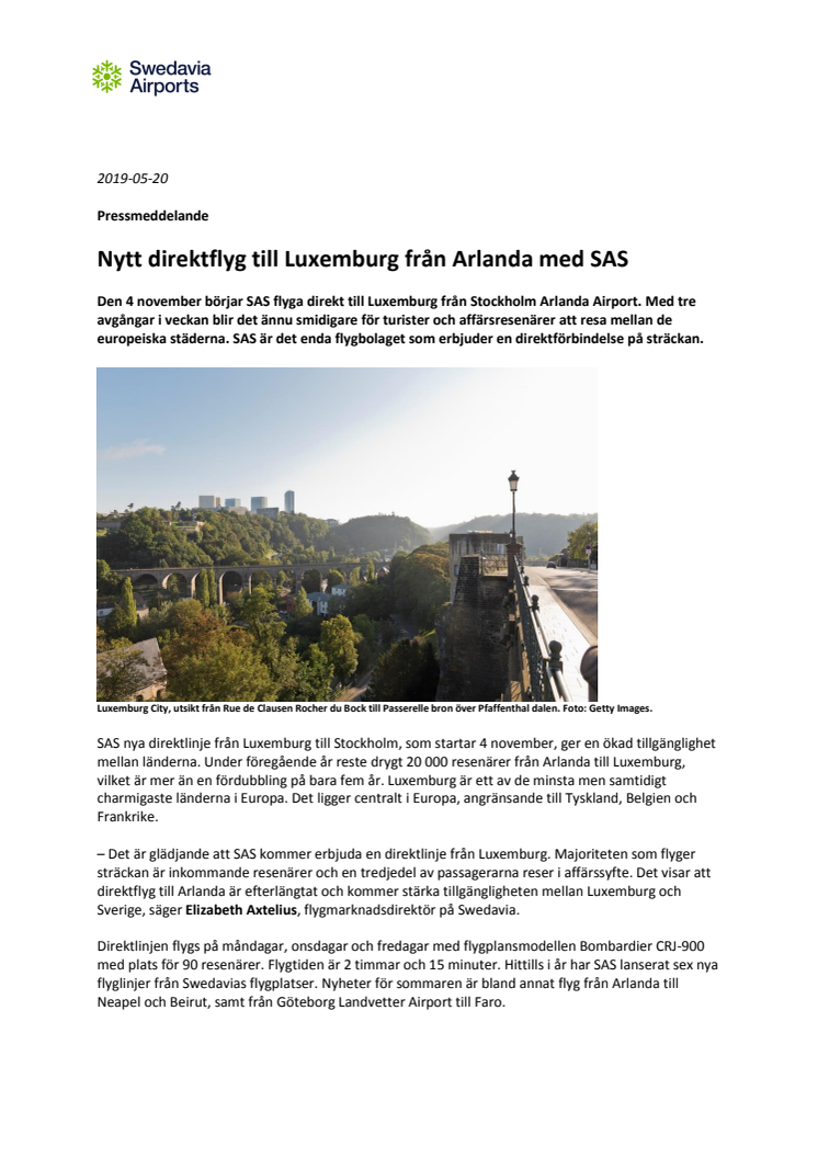 Nytt direktflyg till Luxemburg från Arlanda med SAS
