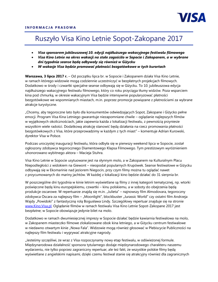 Ruszyło Visa Kino Letnie Sopot-Zakopane 2017