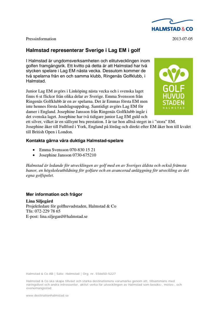 Halmstad representerar Sverige i Lag EM i golf