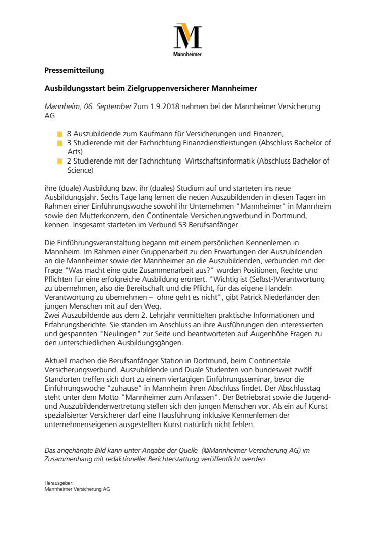 Ausbildungsstart beim Zielgruppenversicherer Mannheimer 