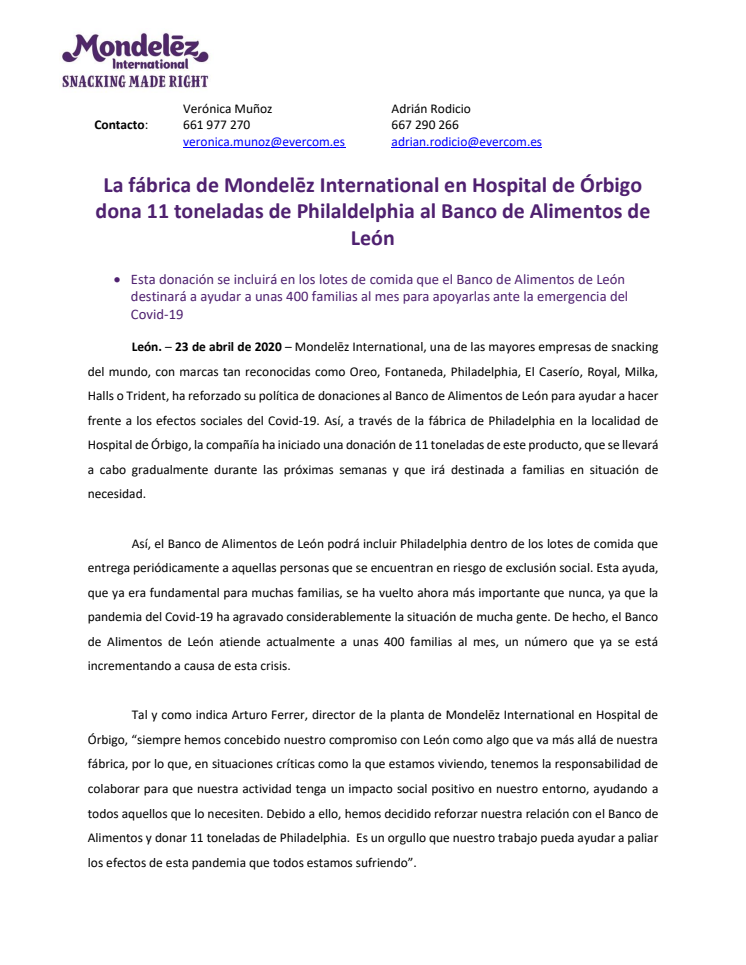 La fábrica de Mondelēz International en Hospital de Órbigo dona 11 toneladas de Philaldelphia al Banco de Alimentos de León 