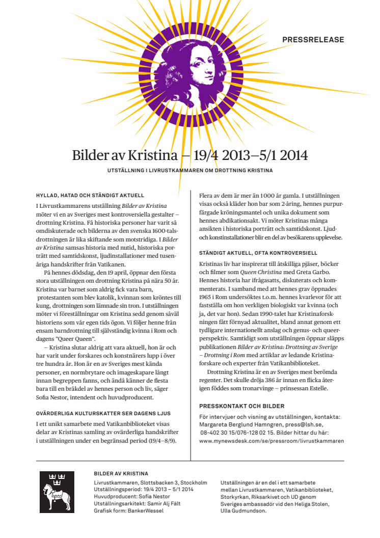 Livrustkammaren Bilder av Kristina pressinformation med faktablad, biografi, pressbilder 2013-04-17 svenska