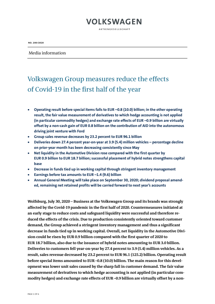 Volkswagen Group measures reduce the effects of Covid-19 in the first half of the year 