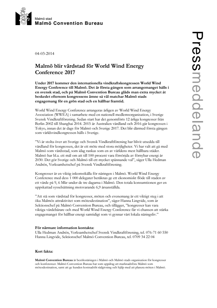 Malmö blir värdstad för World Wind Energy Conference 2017
