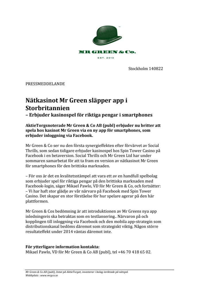 Nätkasinot Mr Green släpper app i Storbritannien