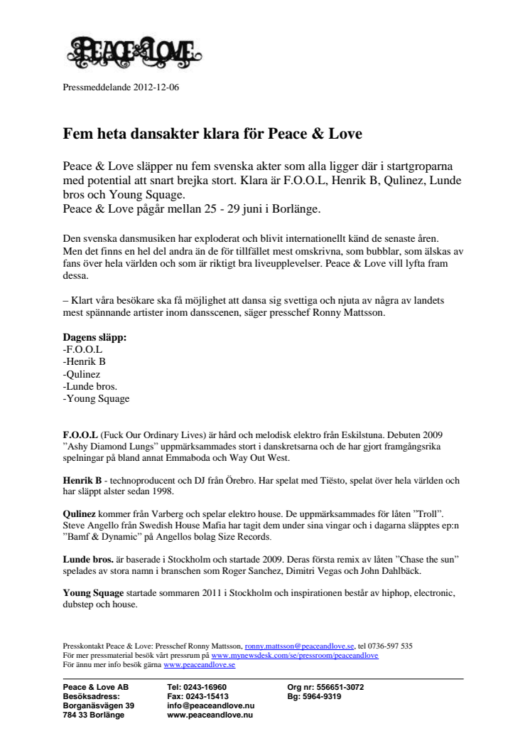 Fem heta dansakter klara för Peace & Love