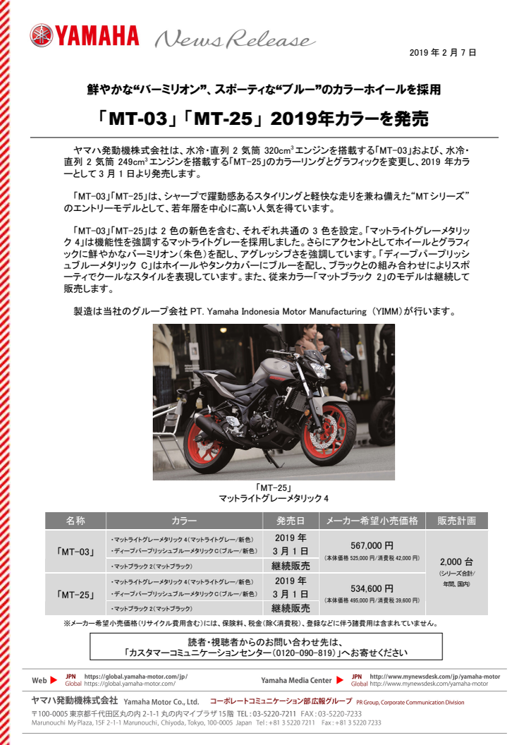 「MT-03」 「MT-25」 2019年カラーを発売　鮮やかな“バーミリオン”、スポーティな“ブルー”のカラーホイールを採用