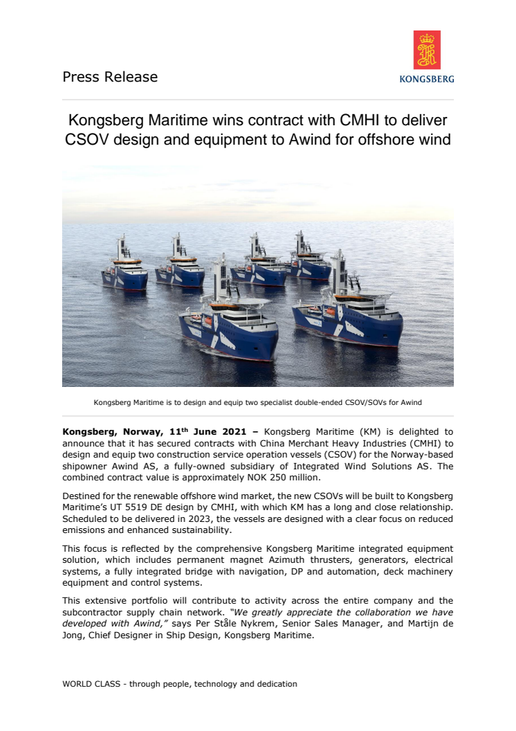 Kongsberg Maritime wins contract with CMHI to deliver CSOV design and equipment to Awind for offshore wind