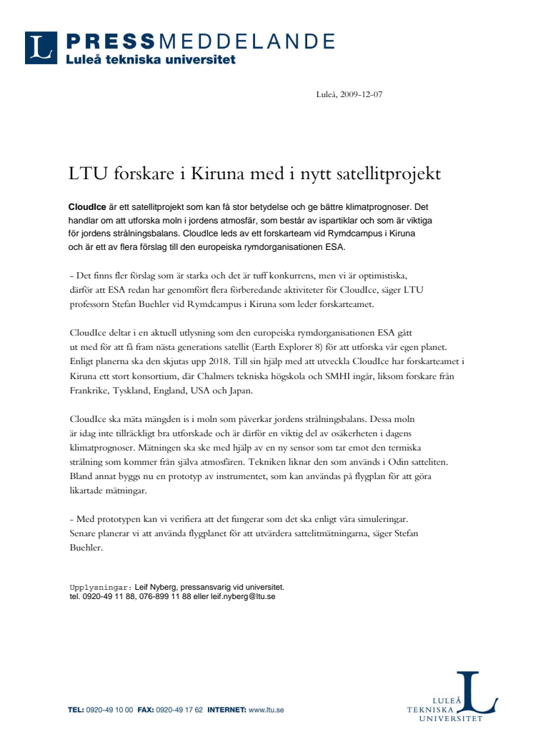 Nytt satellitprojekt leds av LTU i Kiruna 