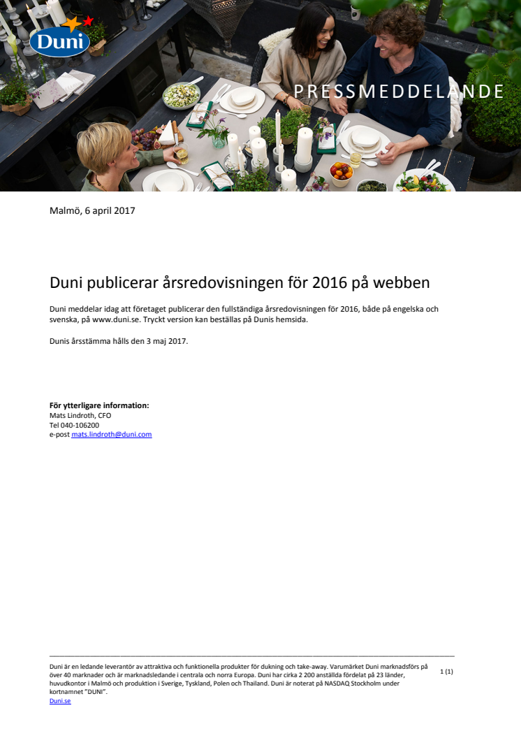 Duni publicerar årsredovisningen för 2016 på webben