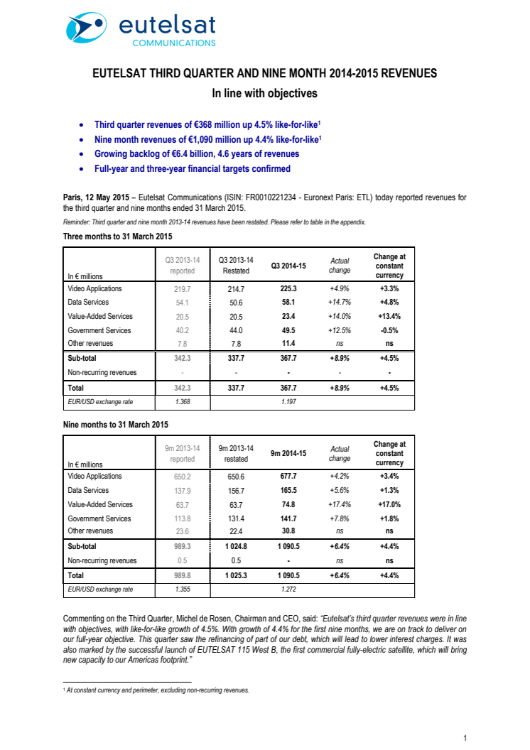 EUTELSAT THIRD QUARTER AND NINE MONTH 2014-2015 REVENUES 