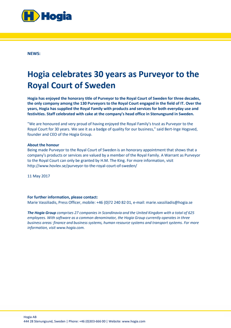 Hogia celebrates 30 years as Purveyor to the Royal Court of Sweden