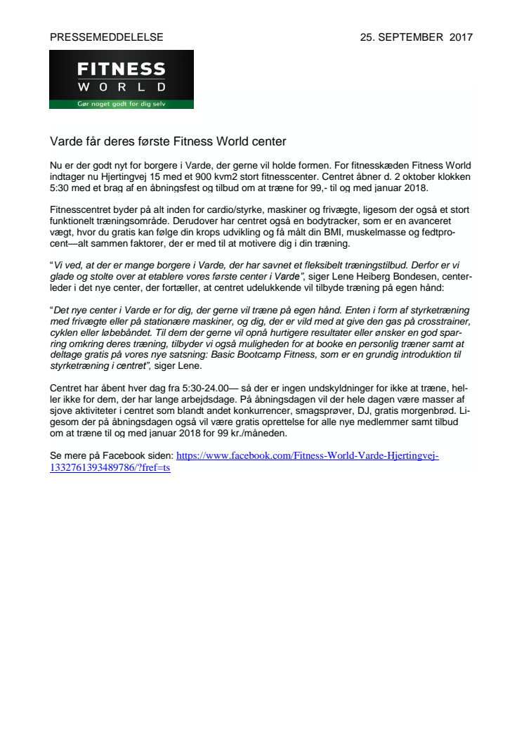 Varde får deres første Fitness World center