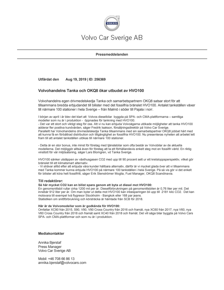 Volvohandelns Tanka och OKQ8 ökar utbudet av HVO100