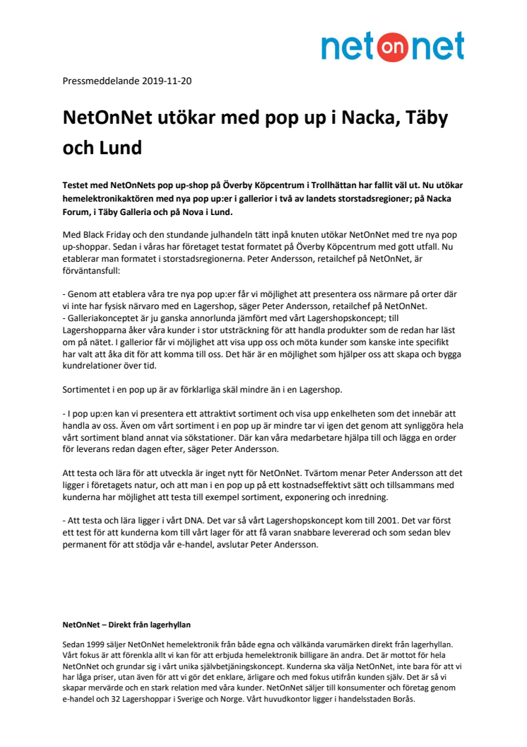 NetOnNet utökar med pop up i Nacka, Täby och Lund