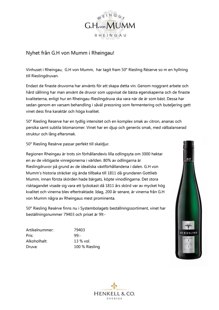 Nyhet från G.H von Mumm i Rheingau!